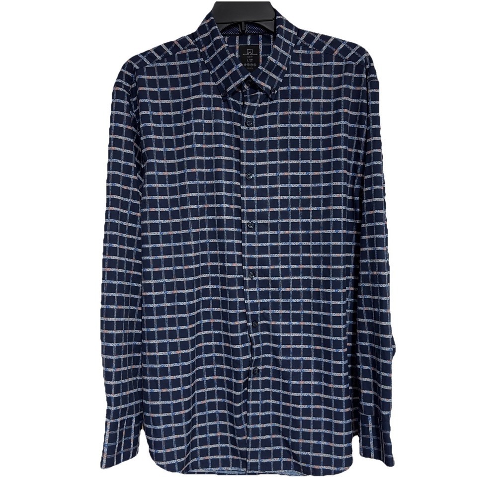 Michael Strahan‎ Men's Sz L Blue Slim Fit Long Sleeve Button Shirt Floral Plaid
